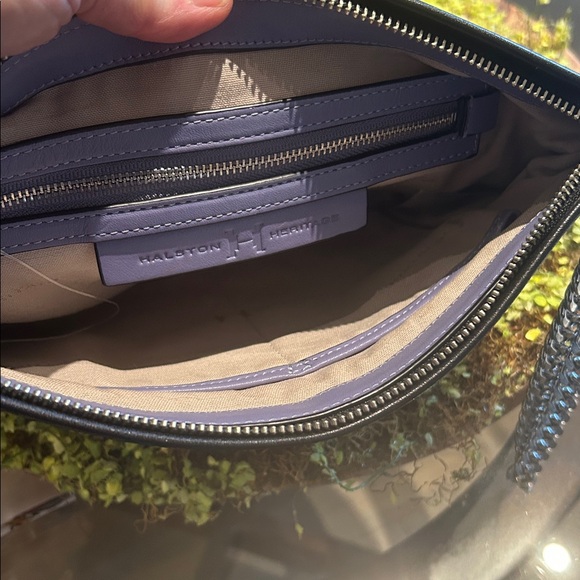 Halston Heritage Purple & Tan Clutch with Silver Chain & Logo 10.5”x 8.5” New - Picture 9 of 10